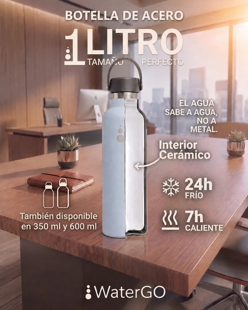 Anuncio de una botella térmica de un litro en una oficina, con sus datos: interior cerámico, 24 h de frío y 7 h de calor.
