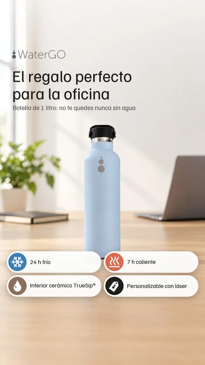 Anuncio vertical: la botella como regalo para la oficina, con cuatro ventajas en iconos.