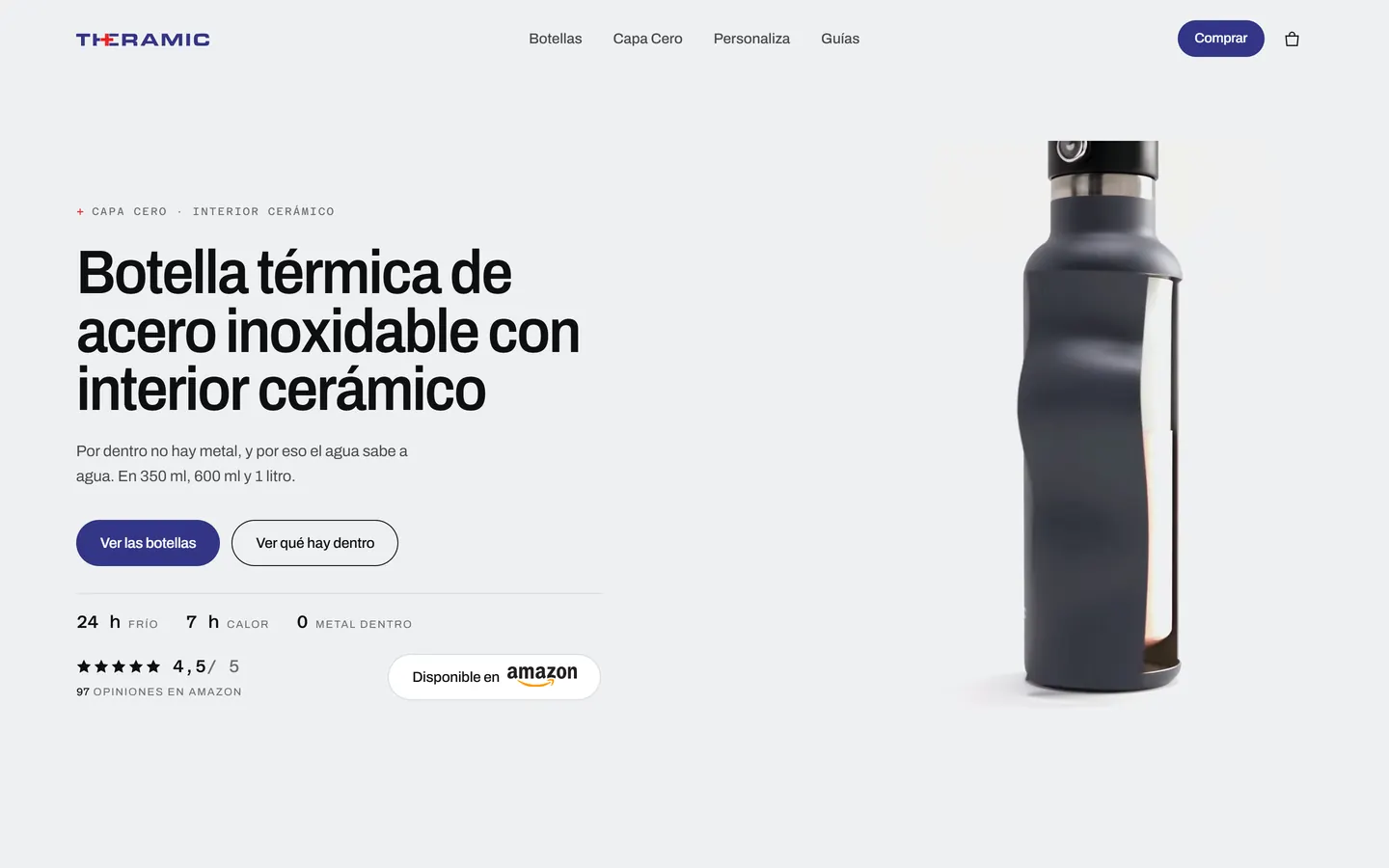 Portada de una tienda online de botellas térmicas: la botella negra a la derecha y el titular a la izquierda.