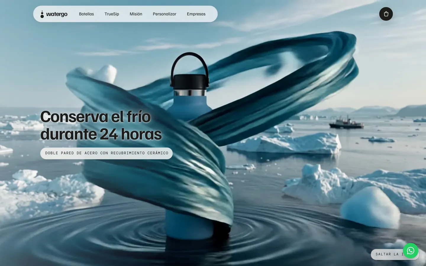 Portada de una tienda de botellas térmicas: una botella azul entre icebergs y el titular sobre el frío.