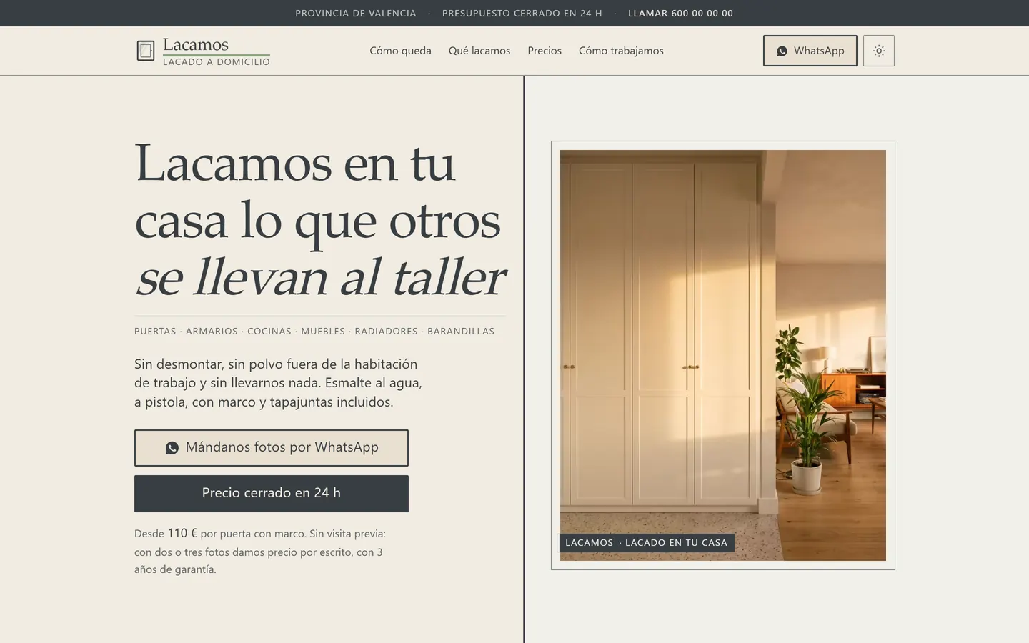 Portada de una web de lacado a domicilio: titular a la izquierda y la foto de un armario lacado a la derecha.