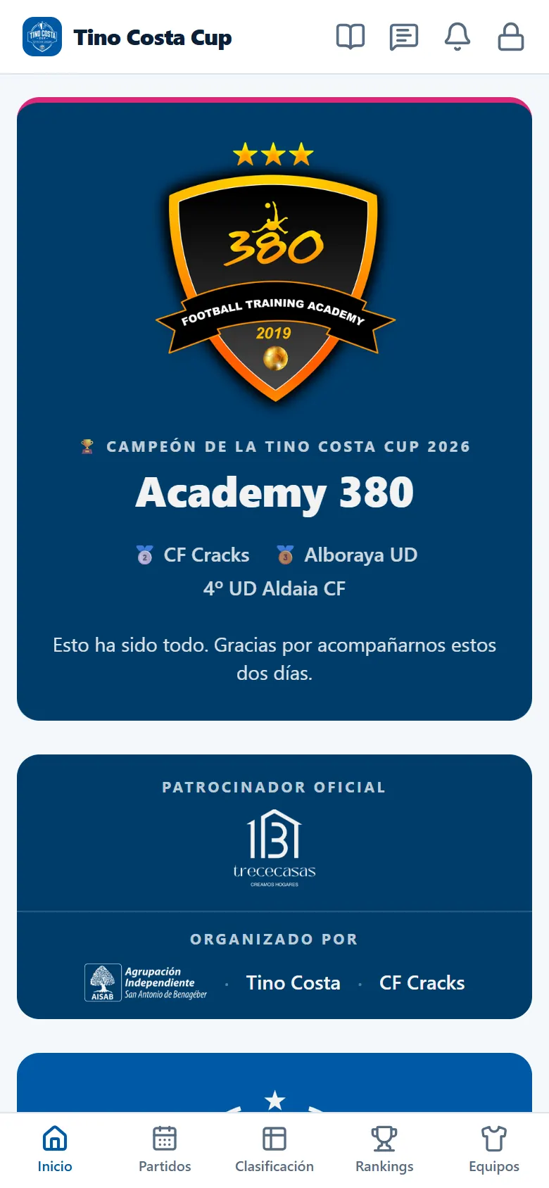 La misma web del torneo en un móvil, con la barra de partidos, clasificación y rankings abajo.