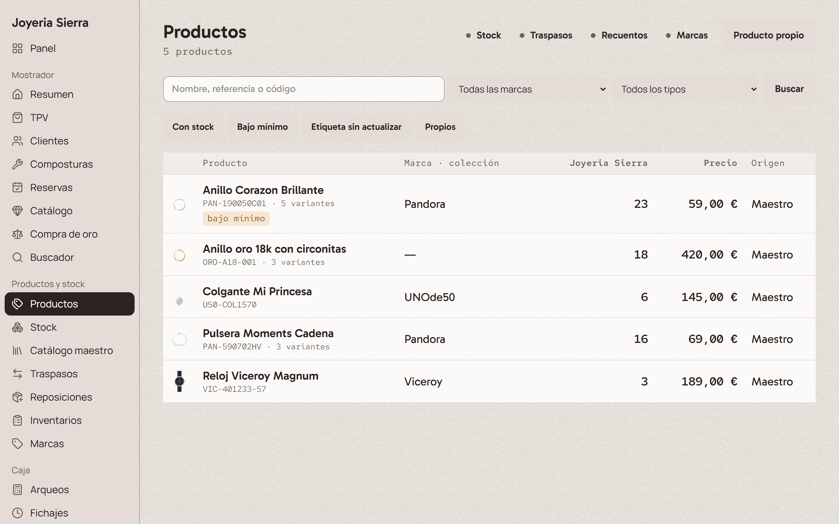 Catálogo de productos en el panel de gestión de Sierra Retail, con stock y precio.